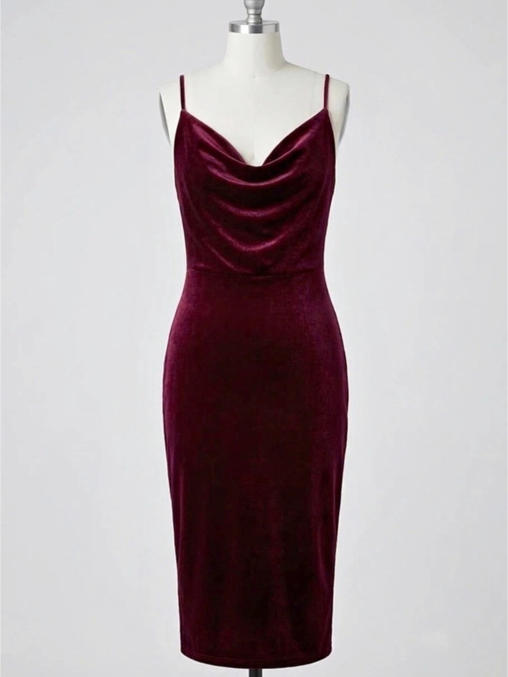 Burgundy Velvet-Style Cowl Neck Midi Dress